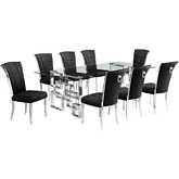 D223 9 Piece Dining Set in Tempered Glass, Polished Stainless Steel & Black Velvet