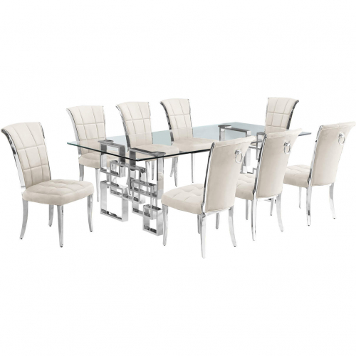 D223 9 Piece Dining Set in Tempered Glass, Polished Stainless Steel & Cream Velvet