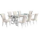 D223 9 Piece Dining Set in Tempered Glass, Polished Stainless Steel & Cream Velvet