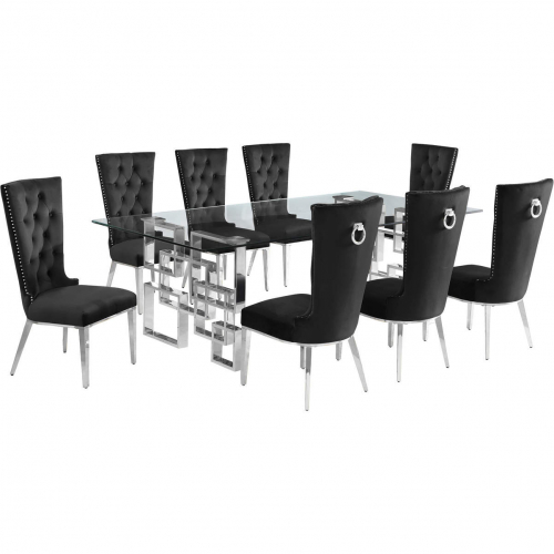 D223 9 Piece Dining Set in Tempered Glass, Polished Stainless Steel & Black Velvet