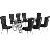 D223 9 Piece Dining Set in Tempered Glass, Polished Stainless Steel & Black Velvet