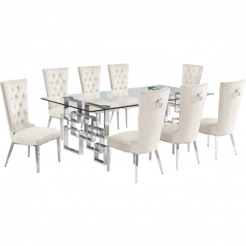 D223 9 Piece Dining Set in Tempered Glass, Polished Stainless Steel & Cream Velvet