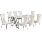 D223 9 Piece Dining Set in Tempered Glass, Polished Stainless Steel & Cream Velvet