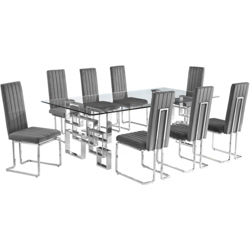 D223 9 Piece Dining Set in Tempered Glass, Stainless Steel & Dark Gray Velvet