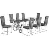 D223 9 Piece Dining Set in Tempered Glass, Stainless Steel & Dark Gray Velvet