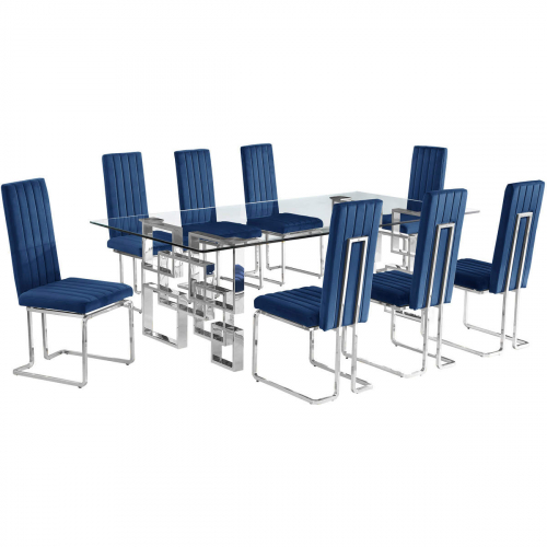D223 9 Piece Dining Set in Tempered Glass, Stainless Steel & Navy Blue Velvet