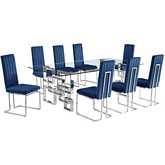 D223 9 Piece Dining Set in Tempered Glass, Stainless Steel & Navy Blue Velvet