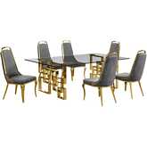 D224 7 Piece Dining Set in Tempered Glass, Gold Stainless Steel & Dark Gray Velvet