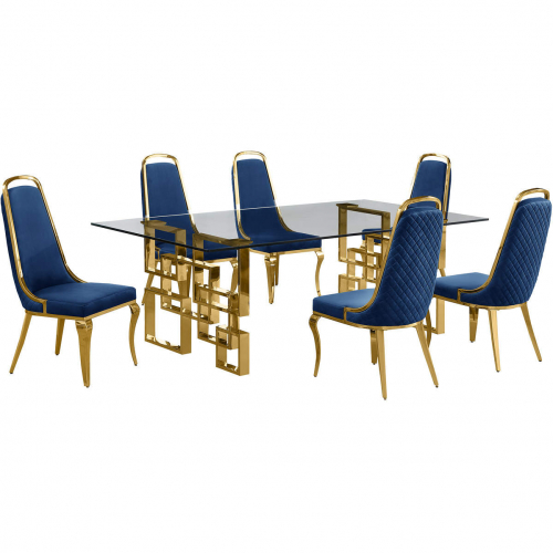 D224 7 Piece Dining Set in Tempered Glass, Gold Stainless Steel & Navy Blue Velvet