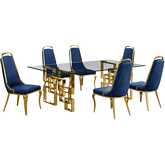 D224 7 Piece Dining Set in Tempered Glass, Gold Stainless Steel & Navy Blue Velvet
