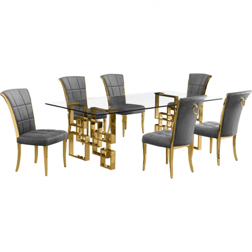 D224 7 Piece Dining Set in Tempered Glass, Polished Gold Stainless Steel & Dark Gray Velvet