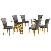 D224 7 Piece Dining Set in Tempered Glass, Polished Gold Stainless Steel & Dark Gray Velvet