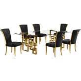 D224 7 Piece Dining Set in Tempered Glass, Polished Gold Stainless Steel & Black Velvet