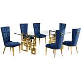 D224 7 Piece Dining Set in Tempered Glass, Polished Gold Stainless Steel & Navy Blue Velvet