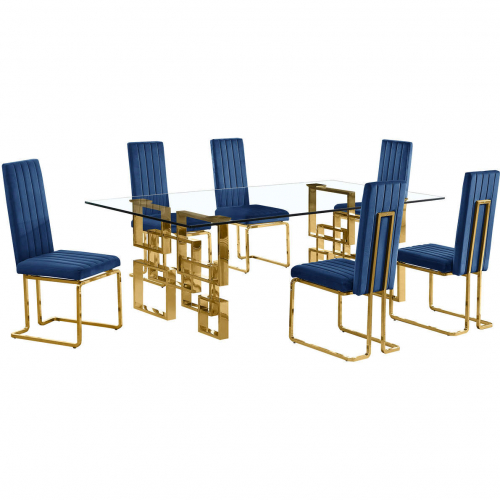 D224 7 Piece Dining Set in Tempered Glass, Gold Stainless Steel & Navy Blue Velvet
