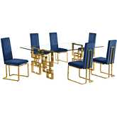 D224 7 Piece Dining Set in Tempered Glass, Gold Stainless Steel & Navy Blue Velvet