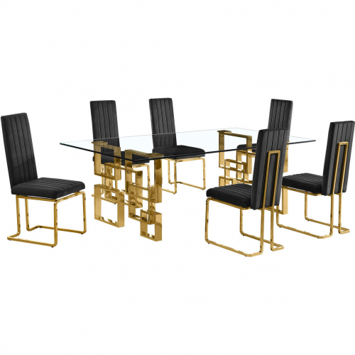 D224 7 Piece Dining Set in Tempered Glass, Gold Stainless Steel & Black Velvet