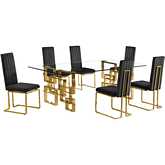 D224 7 Piece Dining Set in Tempered Glass, Gold Stainless Steel & Black Velvet