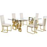 D224 7 Piece Dining Set in Tempered Glass, Gold Stainless Steel & Cream Velvet