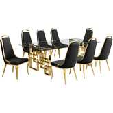 D224 9 Piece Dining Set in Tempered Glass, Gold Stainless Steel & Black Velvet