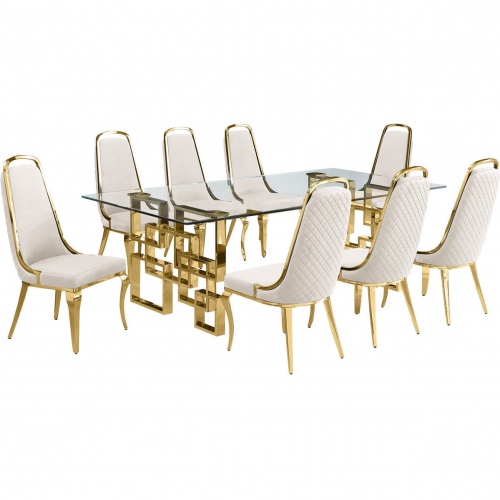 D224 9 Piece Dining Set in Tempered Glass, Gold Stainless Steel & Cream Velvet