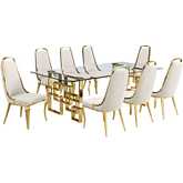 D224 9 Piece Dining Set in Tempered Glass, Gold Stainless Steel & Cream Velvet