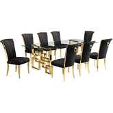 D224 9 Piece Dining Set in Tempered Glass, Polished Gold Stainless Steel & Black Velvet