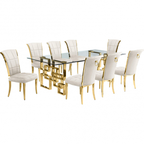 D224 9 Piece Dining Set in Tempered Glass, Polished Gold Stainless Steel & Cream Velvet