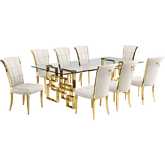 D224 9 Piece Dining Set in Tempered Glass, Polished Gold Stainless Steel & Cream Velvet