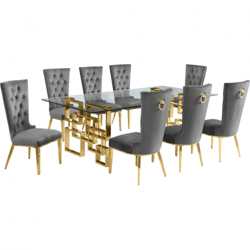 D224 9 Piece Dining Set in Tempered Glass, Polished Gold Stainless Steel & Dark Gray Velvet