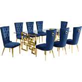 D224 9 Piece Dining Set in Tempered Glass, Polished Gold Stainless Steel & Navy Blue Velvet