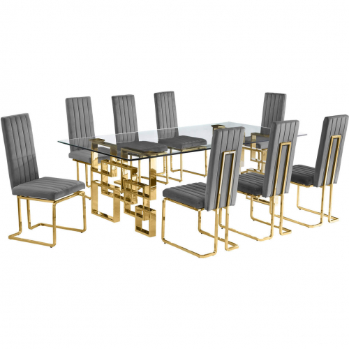 D224 9 Piece Dining Set in Tempered Glass, Gold Stainless Steel & Dark Gray Velvet