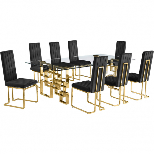 D224 9 Piece Dining Set in Tempered Glass, Gold Stainless Steel & Black Velvet