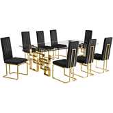 D224 9 Piece Dining Set in Tempered Glass, Gold Stainless Steel & Black Velvet