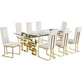 D224 9 Piece Dining Set in Tempered Glass, Gold Stainless Steel & Cream Velvet