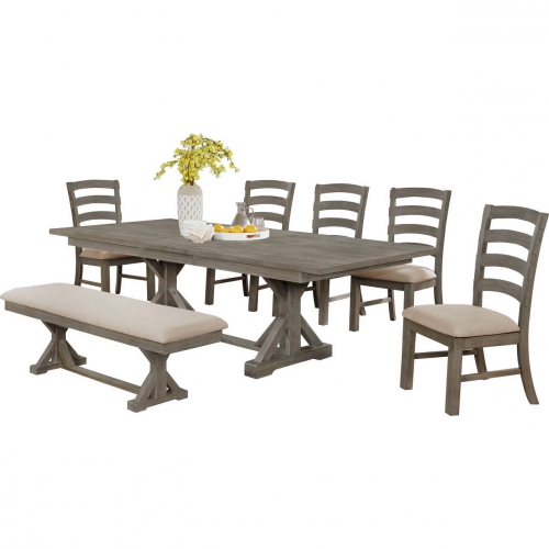 D22 7 Piece Dining Set in Gray Brown Wood & Beige Linen