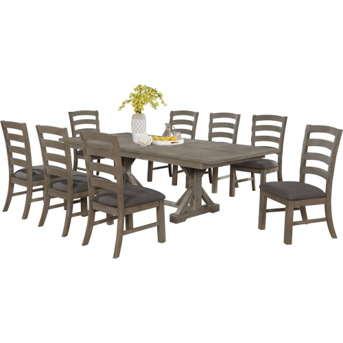 D22 9 Piece Dining Set in Gray Brown Wood & Beige Linen