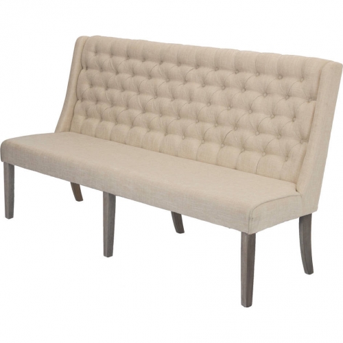 D25 Dining Bench in Tufted Beige Linen & Rustic Gray Brown Wood