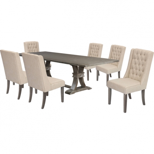 D25 7 Piece Dining Set in Tufted Beige Linen & Rustic Gray Brown Wood