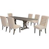 D25 7 Piece Dining Set in Tufted Beige Linen & Rustic Gray Brown Wood
