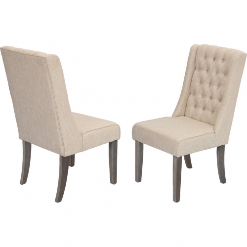 D25 Dining Chair in Tufted Beige Linen & Rustic Gray Brown Wood (Set of 2)