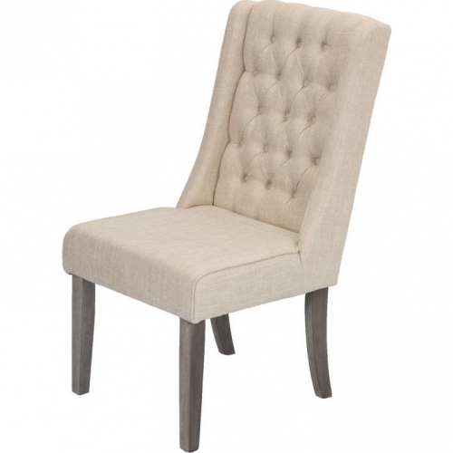 D25 Dining Chair in Tufted Beige Linen & Rustic Gray Brown Wood