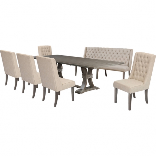 D25 7 Piece Dining Set in Tufted Beige Linen & Rustic Gray Brown Wood