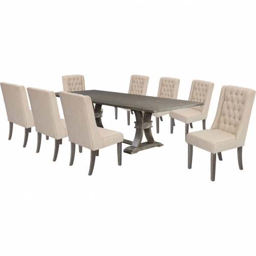 D25 9 Piece Dining Set in Tufted Beige Linen & Rustic Gray Brown Wood