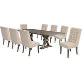 D25 9 Piece Dining Set in Tufted Beige Linen & Rustic Gray Brown Wood