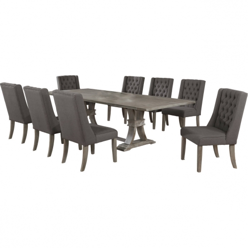 D26 9 Piece Dining Set in Tufted Gray Linen & Rustic Gray Wood