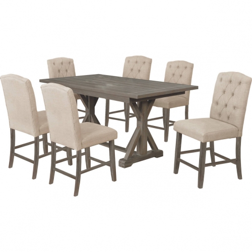 D305 7 Piece Counter Dining Set in Tufted Beige Linen & Rustic Wood