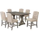 D305 7 Piece Counter Dining Set in Tufted Beige Linen & Rustic Wood