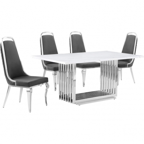 D310 5 Piece Dining Set in White Marble, Polished Stainless Steel & Dark Gray Velvet