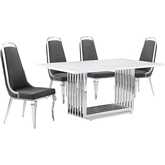 D310 5 Piece Dining Set in White Marble, Polished Stainless Steel & Dark Gray Velvet